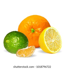 Fresh orange, nutritious lemon and tasty lime. Symbols of fruits. Vector illustration. Fruits ingredients in triangulation technique. Fruits low poly.