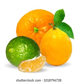 Fresh orange, nutritious lemon and tasty lime. Symbols of fruits. Vector illustration. Fruits ingredients in triangulation technique. Fruits low poly.
