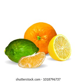 Fresh orange, nutritious lemon and tasty limes. Symbols of fruits. Vector illustration. Fruits ingredients in triangulation technique. Fruits low poly.