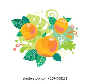 Fresh orange peaches with juice splash. Organic food fruit with abstract vector leaves and swirls illustration.
