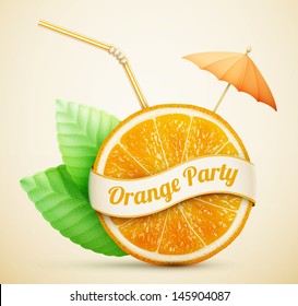 fresh orange with ribbon and cocktail stick eps10 vector illustration svg