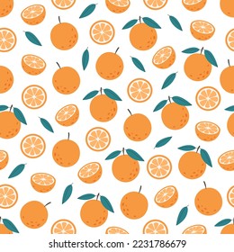 Fresh orange seamless pattern. Citrus fruit seamless pattern. Healthy food. Flat, hand drawn texture for wallpaper, textile, fabric, paper. Hand drawn vector illustration