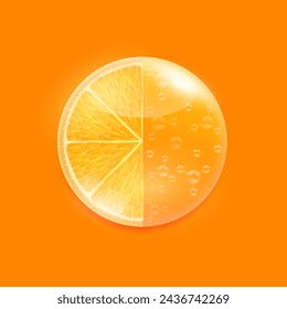 Rebanada de naranja fresca y solución de gel sérico. Frutas cítricos ricos en vitaminas y minerales. Suplementos naturales altos en vitamina C. Ilustración vectorial EPS10.