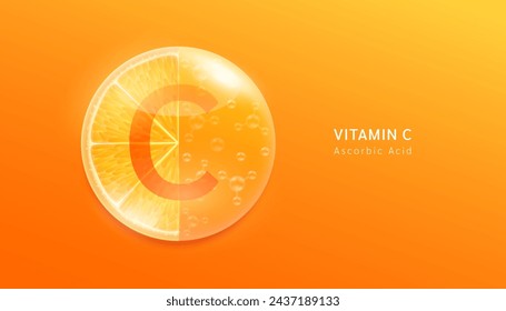 Fresh orange slice and serum gel solution. High vitamin C essential to the health. Natural alternative dietary supplements. Fruits citrus rich in vitamins minerals. Vector illustration.