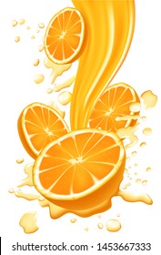 Fresh orange slice with splashing liquid, Natural Beverage Product Concept for, Vector illustration