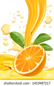 Fresh orange slice with splashing liquid, Natural Beverage Product Concept for, Vector illustration