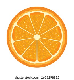 Fresh Orange Slice Vector Illustration. The orange is divided into symmetrical segments radiating from the center, featuring bright orange tones and white seed like details.