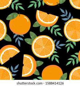 Fresh orange sliced and green leaves seamless pattern. Organic healthy fruit background.