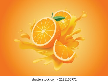 Fresh orange sliced and splashing on orange background, isolated vector illustration