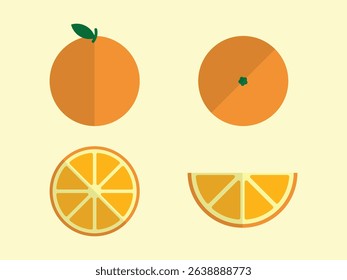 Fresh orange and sliced variations. Vector illustration.