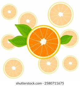 fresh orange slices and leaves on white background