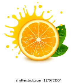 fresh orange with a splash of juice on a white background