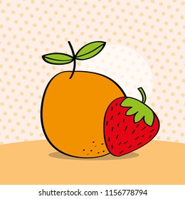 fresh orange and strawberry on dotted background