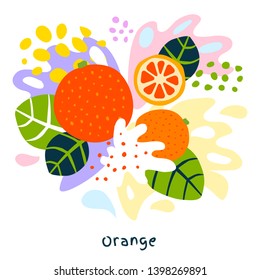 Fresh orange tropical exotic citrus fruits juice splash organic food juicy splatter oranges on abstract background vector hand drawn illustrations