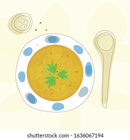 Fresh orange vegetable soup with noodles on decorative plate with spoon and spices, green leaves of parsley. Hand drawn vector design. Delicious lunch or dinner view from above. Soup in the bowl.