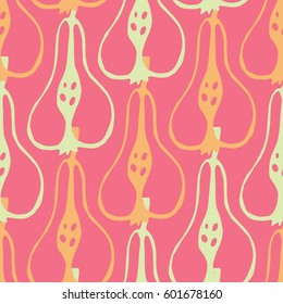 Fresh orange and white pears on a pink background. Seamless pattern. Vector. Fabric. Packing.