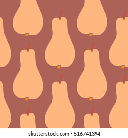 Fresh orange-peach pears on a reddish-brown background. Seamless pattern. Vector. Fabric. Packing.
