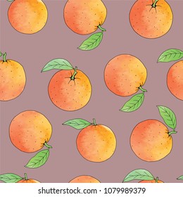 Fresh oranges background, hand drawing. Colorful wallpaper vector. Seamless pattern with fresh fruits collection. Decorative watercolor illustration.