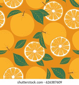 Fresh oranges background, hand drawn icons. Colorful wallpaper vector. Seamless pattern with fresh fruits collection. Decorative illustration, good for printing