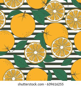 Fresh oranges background, hand drawn icons. Colorful wallpaper vector. Seamless pattern with citrus fruits collection. Decorative illustration, good for printing