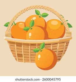 Fresh Oranges In Basket Composition Vector Graphic Illustration Design With Natural Fruit Arrangement Style