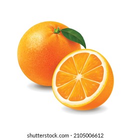 Fresh oranges fruits with green leaf. Half and whole isolated realistic oranges 3d ilustration vector.