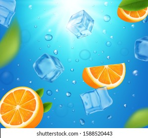 Fresh oranges fruits in water with ice cubes. Realistic floating orange slices illustration.