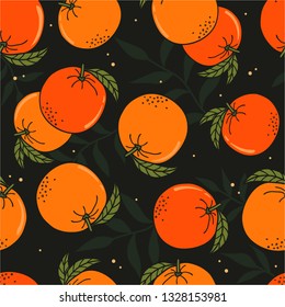 Fresh oranges, leaves background. Hand drawn overlapping backdrop. Colorful wallpaper vector. Seamless pattern with citrus fruits collection. Decorative illustration, good for printing