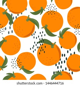 Fresh oranges, leaves background. Hand drawn overlapping backdrop. Colorful wallpaper vector. Seamless pattern with citrus fruits. Decorative illustration, good for printing