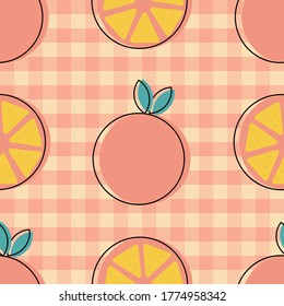 Fresh oranges and leaves background, hand drawn icons. Doodle wallpaper vector. Colorful seamless pattern with fresh fruits collection. Decorative illustration, good for printing