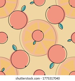 Frische Orangen und Blätter Hintergrund, handgezeichnet Symbole. Doodle-Wallpaper-Vektorgrafik. Farbiges, nahtloses Muster mit frischer Obstsammlung. Dekorative Illustration, gut für den Druck
