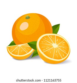 Fresh oranges with leaves. Whole orange, half orange and slice of orange vector illustration. Orange fruit isolated on white background