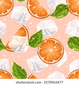 Fresh oranges lemonade seamless pattern. Bright summer background for restaurants, cafe, menu. Take away summer drink. Oranges, mint leaves, ice cubes. Food and drinks vector illustration