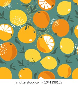 Fresh oranges and lemons, leaves background. Hand drawn overlapping backdrop. Colorful wallpaper vector. Seamless pattern with citrus fruits collection. Decorative illustration, good for printing