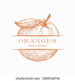 Frische Orangen Organische Abstrakte Vektorgrafik-Zeichen, Symbol- oder Logo-Vorlage. Handgezeichnete Citrus Sketch Sillhouette mit moderner Typografie. ObstEmblem. Einzeln.