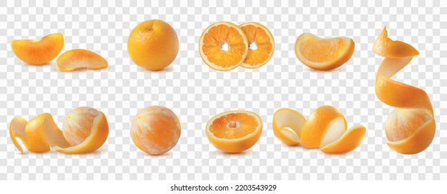 Fresh oranges realistic set with whole and sliced peeled and unpeeled fruit isolated on transparent background vector illustration