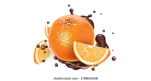 Fresh oranges and splashes of liquid chocolate.
