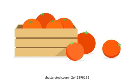 Laranjas frescas em caixa de madeira e espalhadas, representando alimentação saudável
