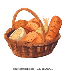 Fresh organic bread in wicker basket vector icon isolated
