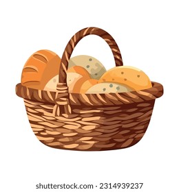 Fresh organic bread, wicker basket vector icon isolated