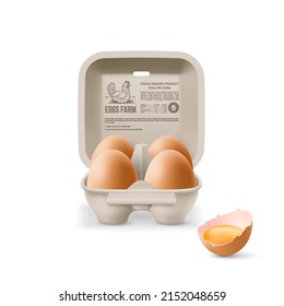 Fresh Organic Brown Chicken Eggs in Open Carton Pack, or Egg Container Isolated on White Background. Four Large Eggs from Eggs Farm in Brand Pack