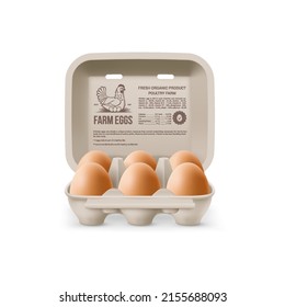 Fresh Organic Brown Chicken Eggs in Open Carton Pack, or Egg Container Isolated on White Backdrop. Six Large Eggs from Eggs Farm in Brand Pack