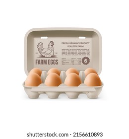 Fresh Organic Brown Chicken Eggs in Open Carton Pack, or Egg Container Isolated on White Backdrop. Eight Large Eggs from Eggs Farm in Brand Pack