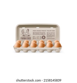 Fresh Organic Brown Chicken Eggs in Open Carton Pack, or Egg Container Isolated on White Backdrop. Twelve Large Eggs from Farm in Brand Pack