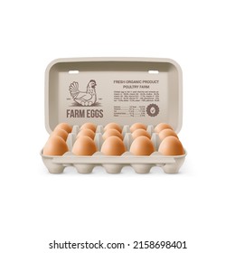 Fresh Organic Brown Chicken Eggs in Open Carton Pack, or Egg Container Isolated on White Backdrop. Fifteen Large Eggs from Farm in Brand Pack