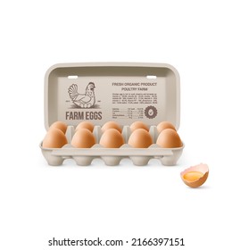 Fresh Organic Brown Chicken Eggs in Open Carton Pack, or Egg Container Isolated on White Background. Ten Large Eggs from Farm in Brand Pack