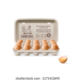 Fresh Organic Brown Chicken Eggs in Open Carton Pack, or Egg Container Isolated on White Background. Fifteen Large Eggs from Farm in Brand Pack