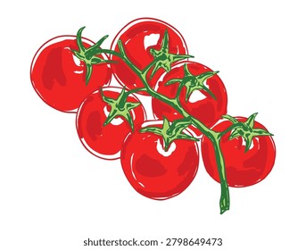 Fresh organic cherry tomatoes hanging on vine cluster in a garden setting. Vibrant red ripe produce ideal for healthy food, cooking ingredients, farming, nutrition, and fresh harvest concepts.