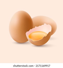 Fresh Organic Chicken Eggs. The Egg is half Broken in the Shell, Among the Other Two Large Brown Eggs