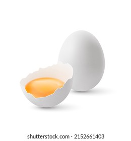 Fresh Organic Chicken Eggs on White Background. Broken and Whole Large White Eggs